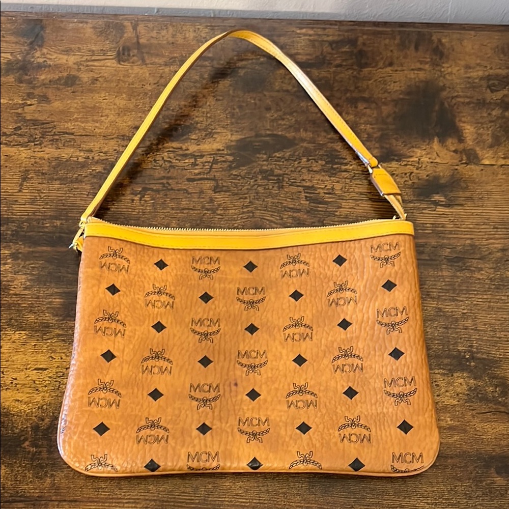 MCM Tan and Yellow Shoulder Bag with Iconic Monogram